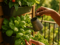 Mãos cuidadosas regando uma horta vertical exuberante e cheia de ervas e vegetais frescos em uma varanda ensolarada.