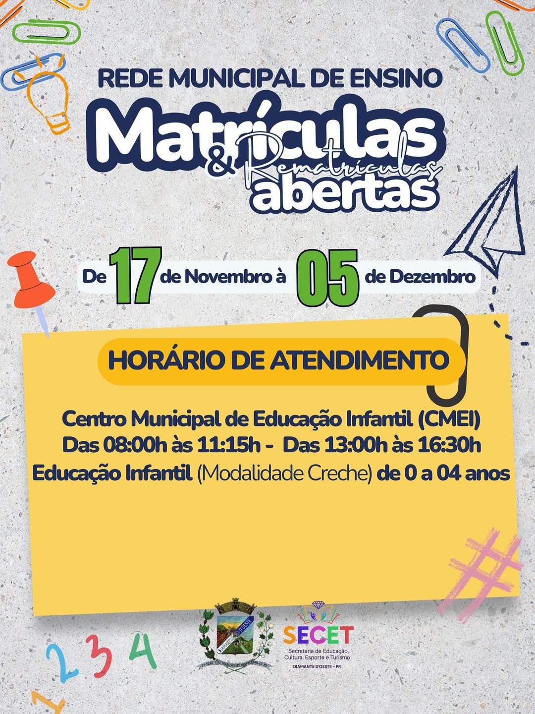 Matrículas Diamante D’Oeste 2025: prazos e orientações