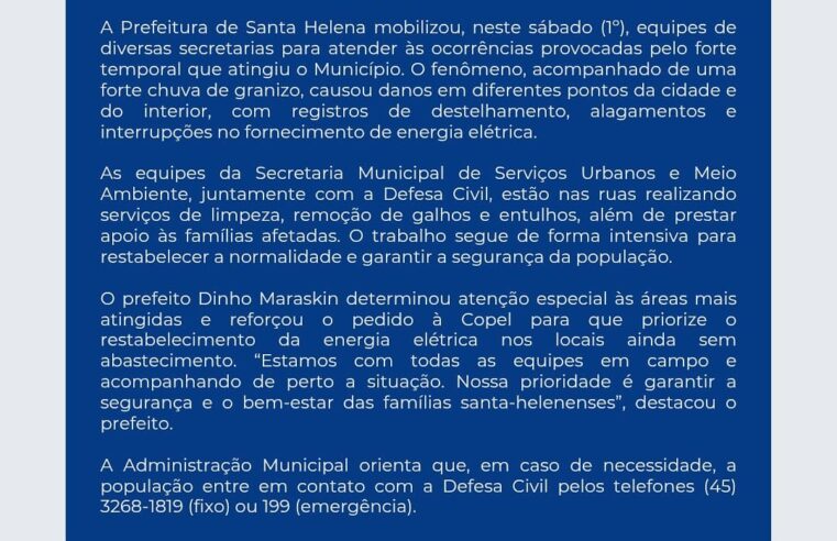 Temporal com granizo causa estragos em Santa Helena neste sábado