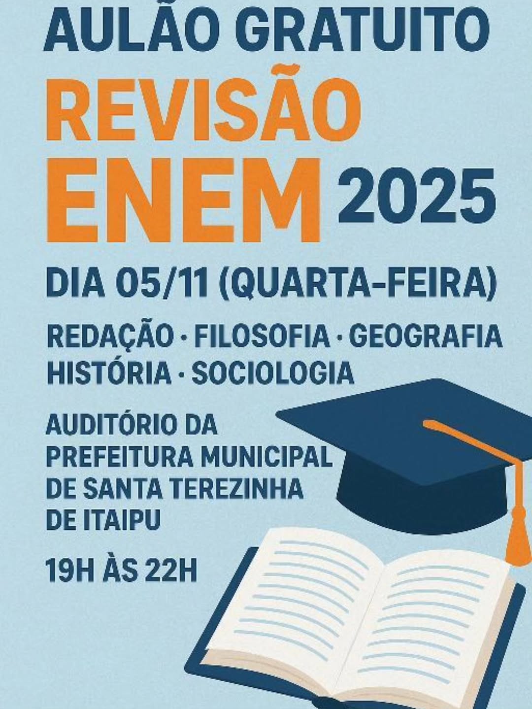 Aulão gratuito de revisão para o ENEM 2025 em Santa Terezinha
