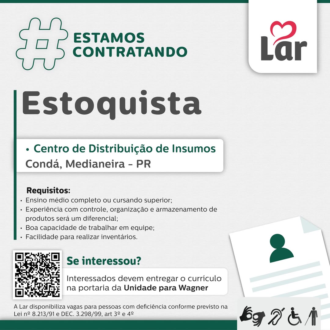 Vaga de Estoquista em Medianeira – Lar Cooperativa