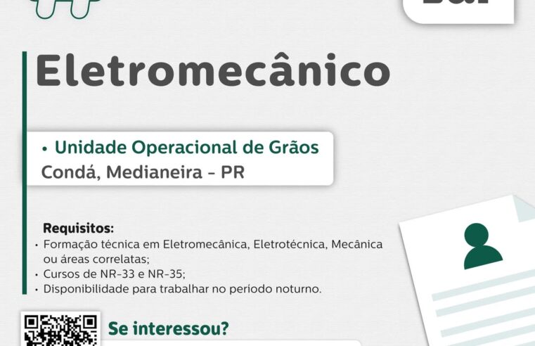 Vaga para Eletromecânico em Medianeira na Lar Cooperativa
