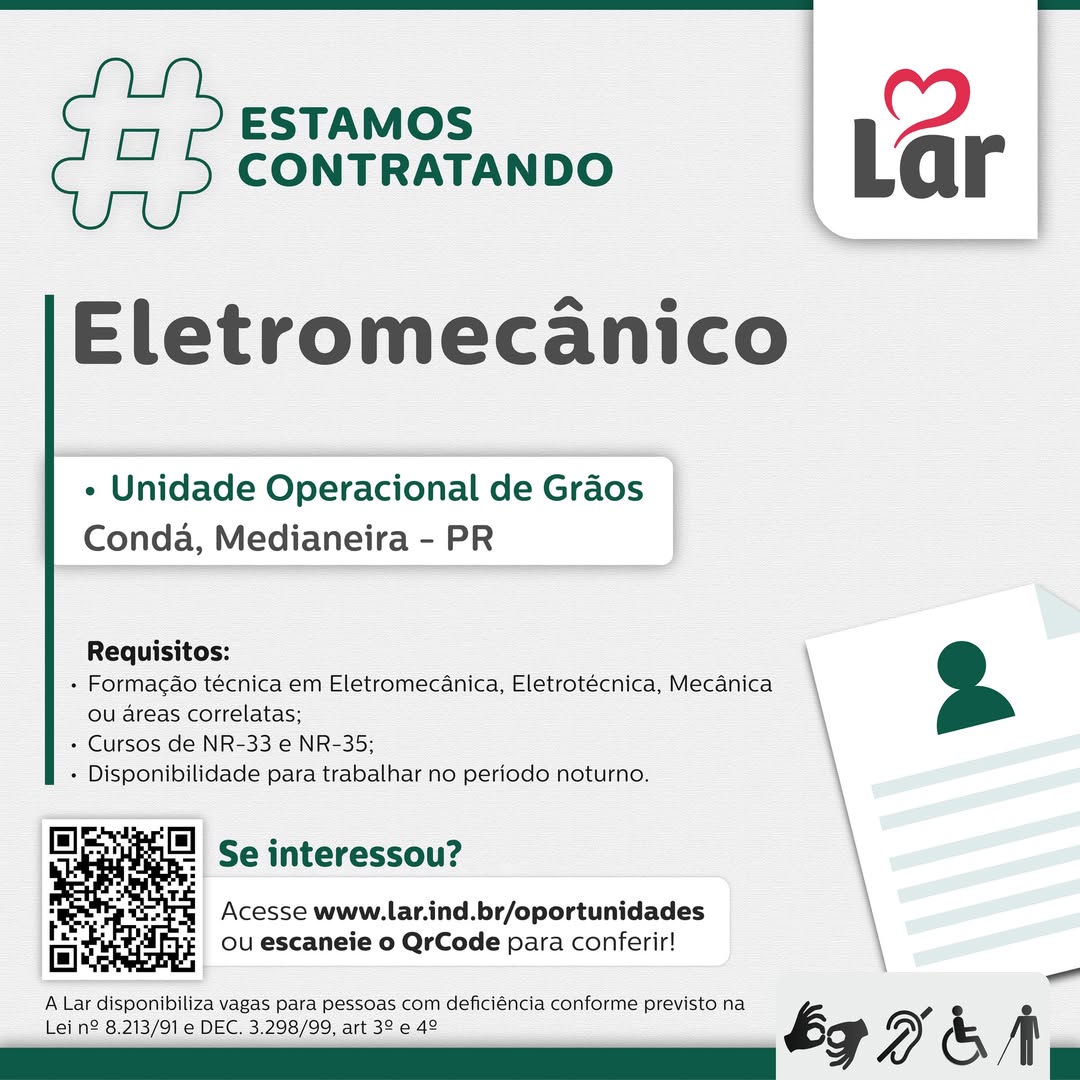 Vaga para Eletromecânico em Medianeira na Lar Cooperativa