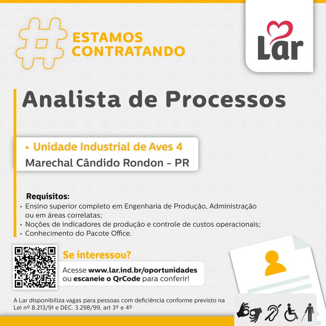 Vaga em Marechal Cândido Rondon: Analista de Processos na Lar Cooperativa
