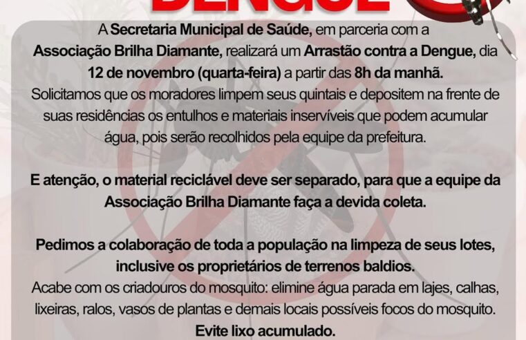 Arrastão contra a Dengue em Diamante D’Oeste acontece dia 12 de novembro