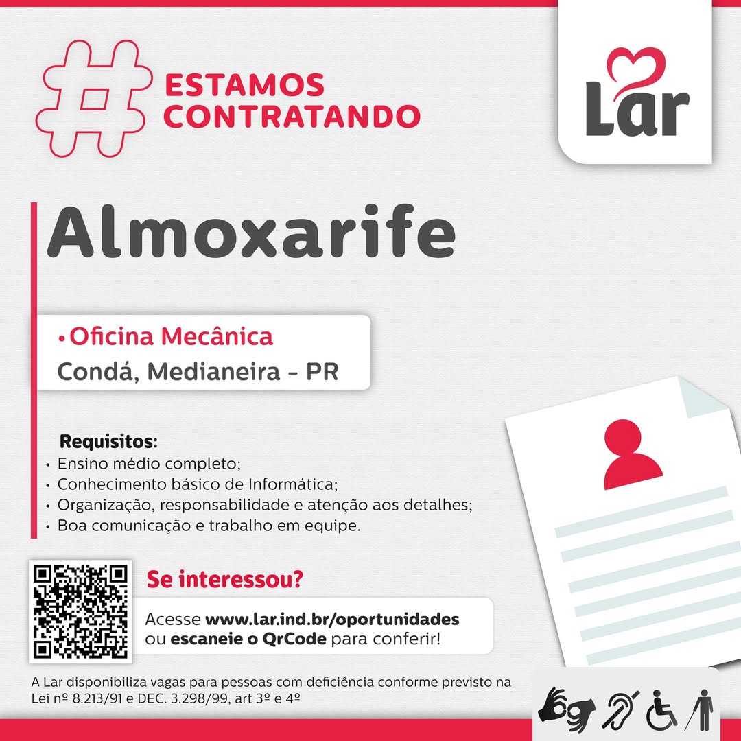 Vaga Almoxarife Medianeira: oportunidade na Lar Cooperativa