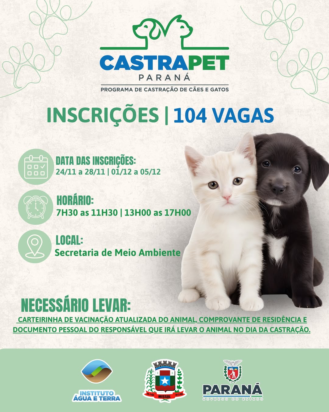 Inscrições Castrapet Missal: 104 vagas e últimos lugares