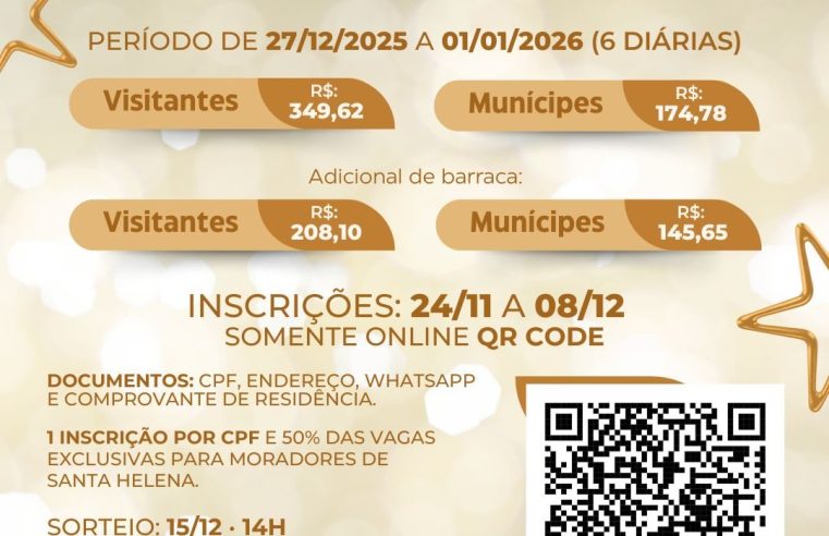Réveillon 2026 no Balneário Terra das Águas tem sorteio de quiosques