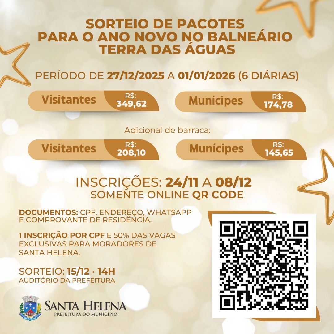 Réveillon 2026 no Balneário Terra das Águas tem sorteio de quiosques