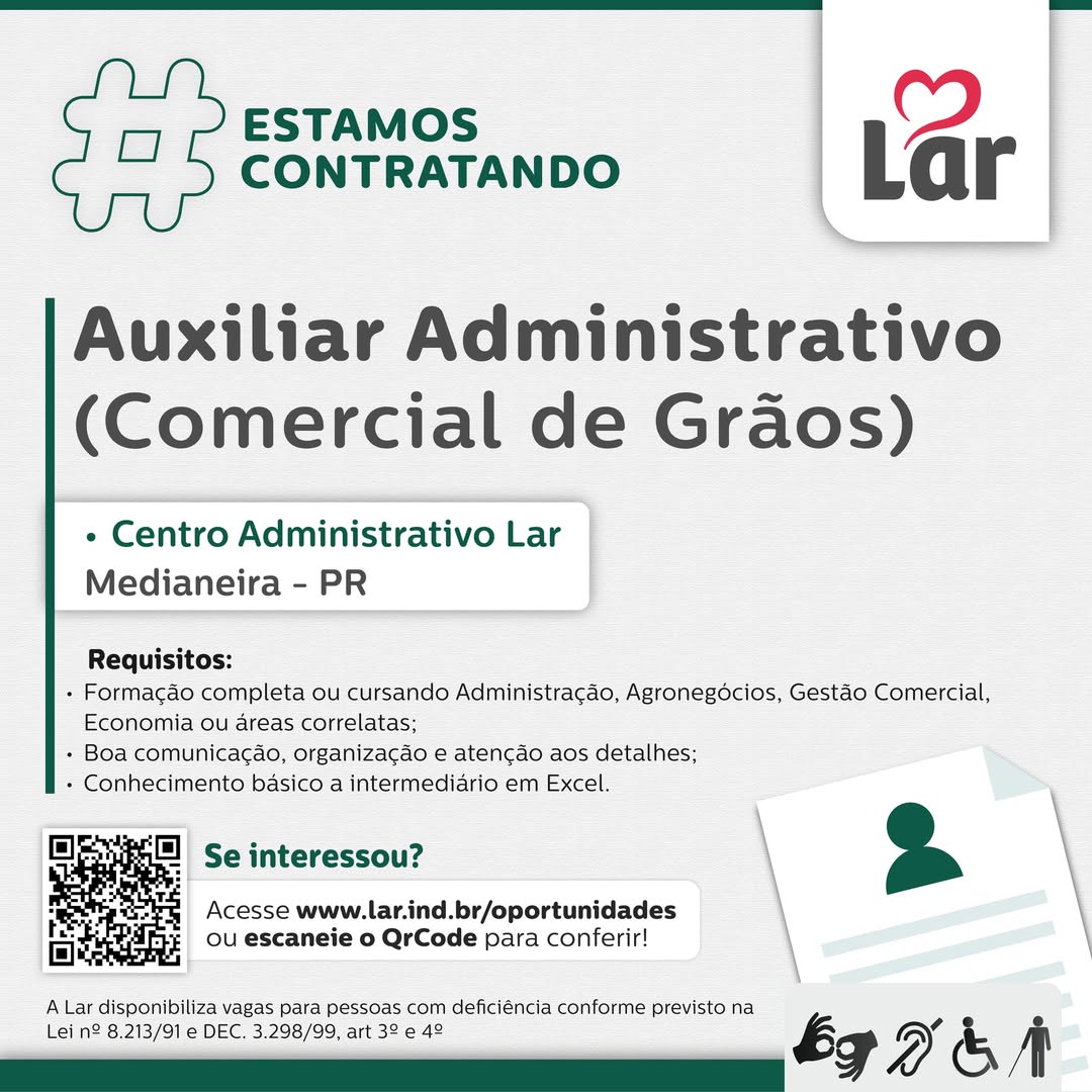 Vaga Auxiliar Administrativo Medianeira: oportunidade na Lar