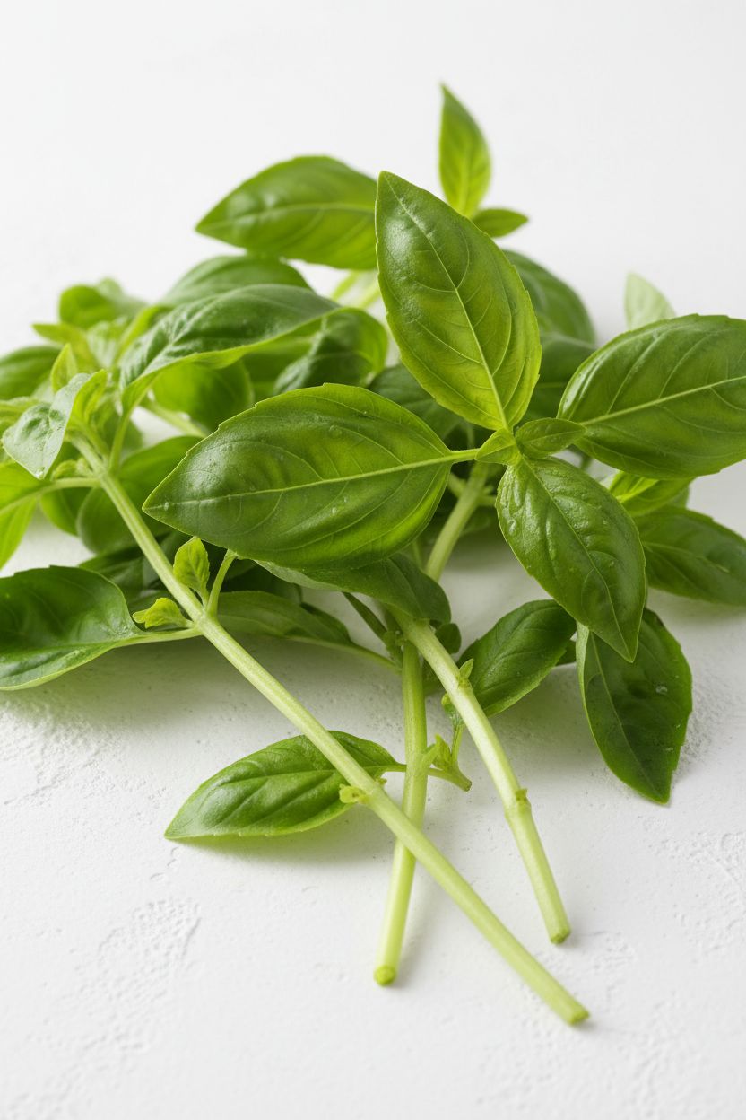 Guia Completo de Plantio para Dezembro de 2025 no Brasil 3 Fresh basil leaves and stems on white background professional food photography studio lighting aromatic herb