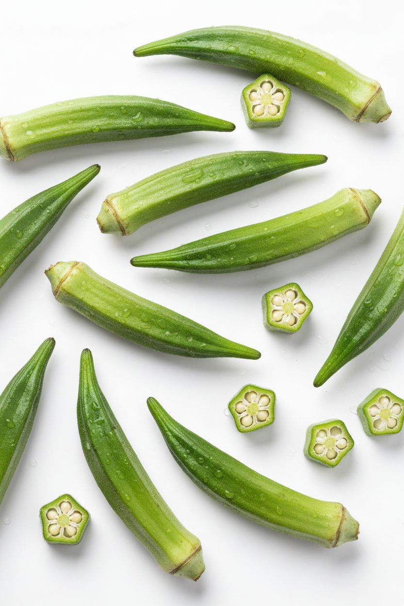 Guia Completo de Plantio para Dezembro de 2025 no Brasil 2 Fresh okra vegetables on white background professional food photography studio lighting vibrant green color