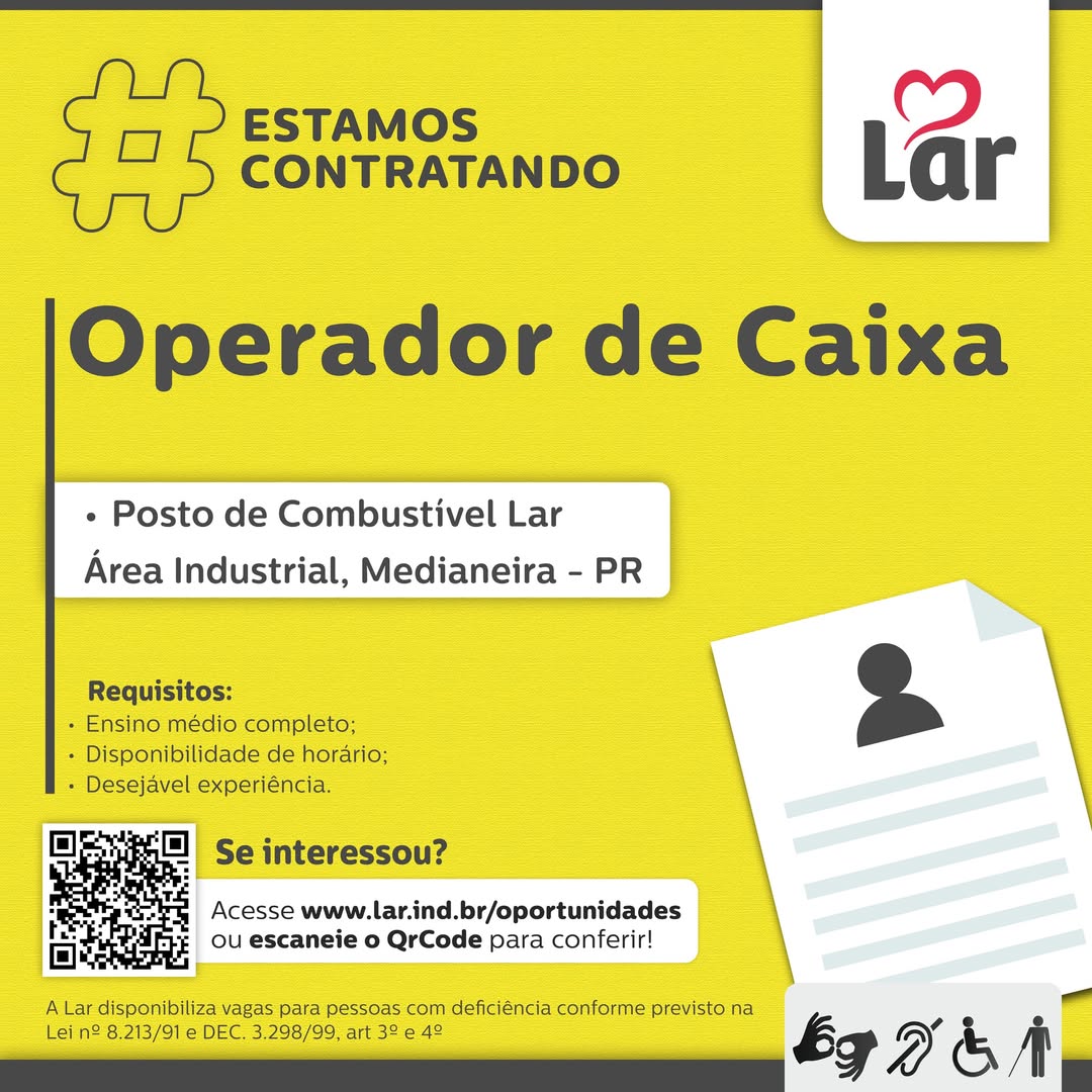 Vaga em Medianeira: Operador de Caixa na Lar Cooperativa