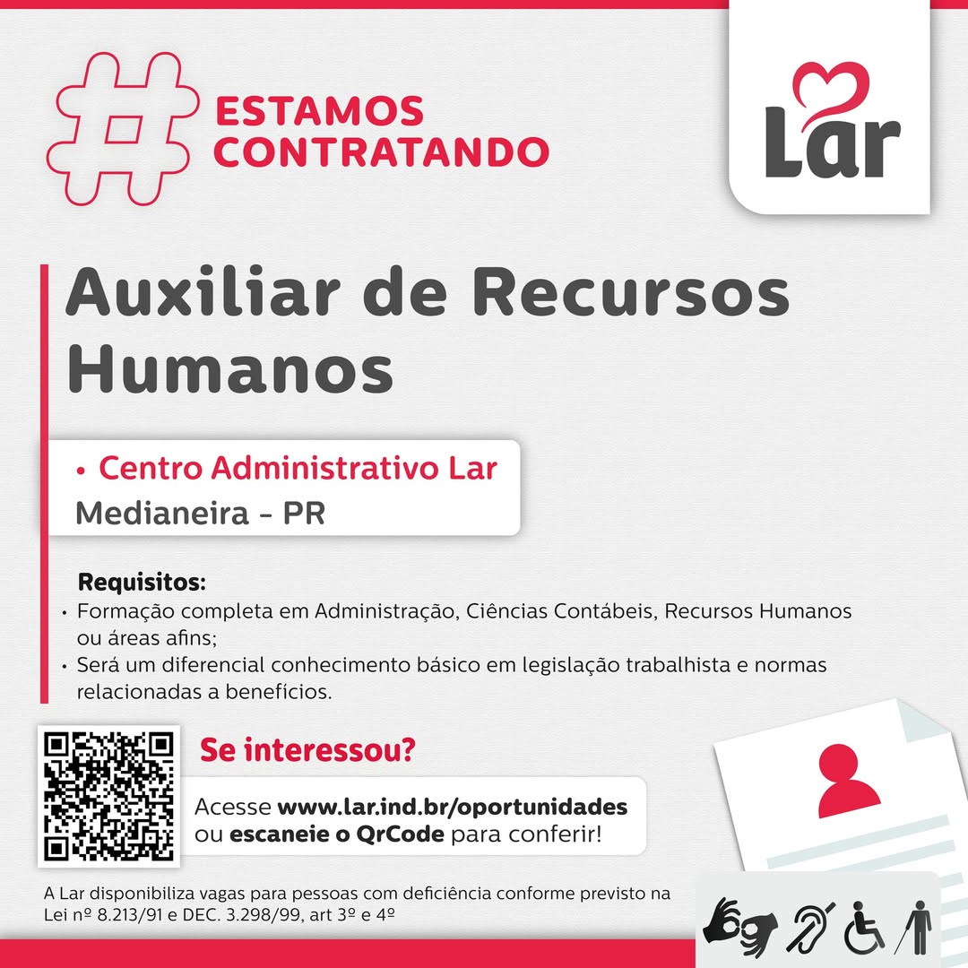 Vaga para Auxiliar de Recursos Humanos em Medianeira (PR)