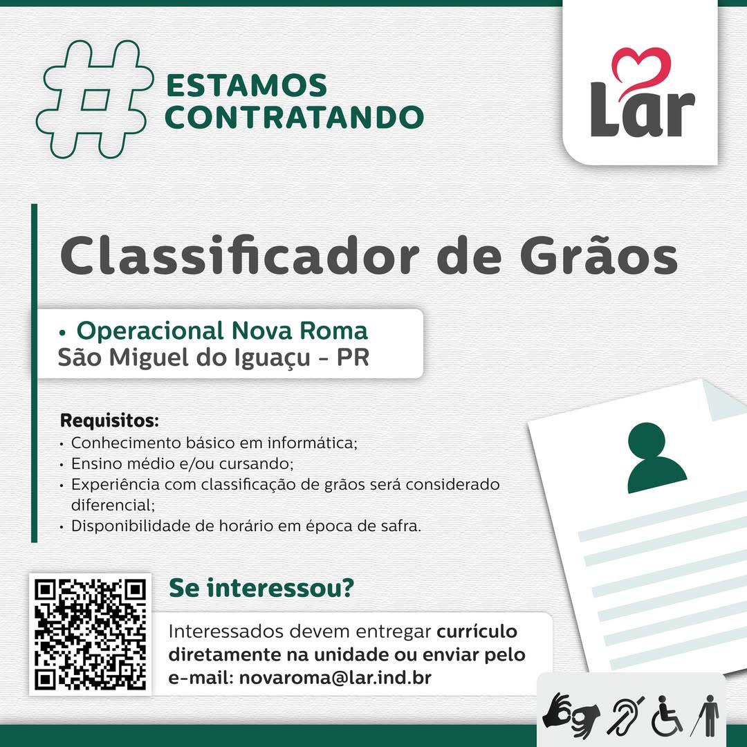 Vaga Classificador de Grãos em São Miguel do Iguaçu: Lar contrata