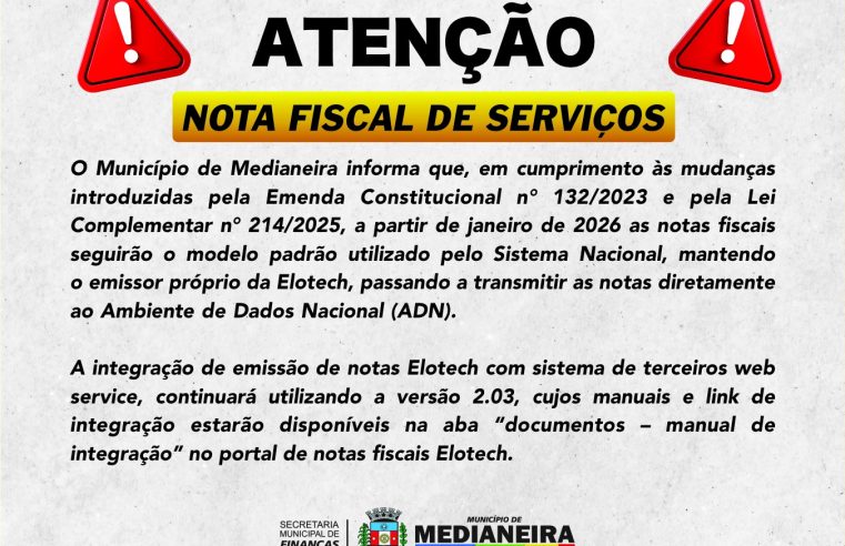 Nota fiscal de serviços em Medianeira muda em 2026