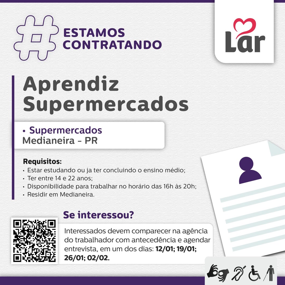 Vaga de Jovem Aprendiz em Medianeira nos Supermercados Lar