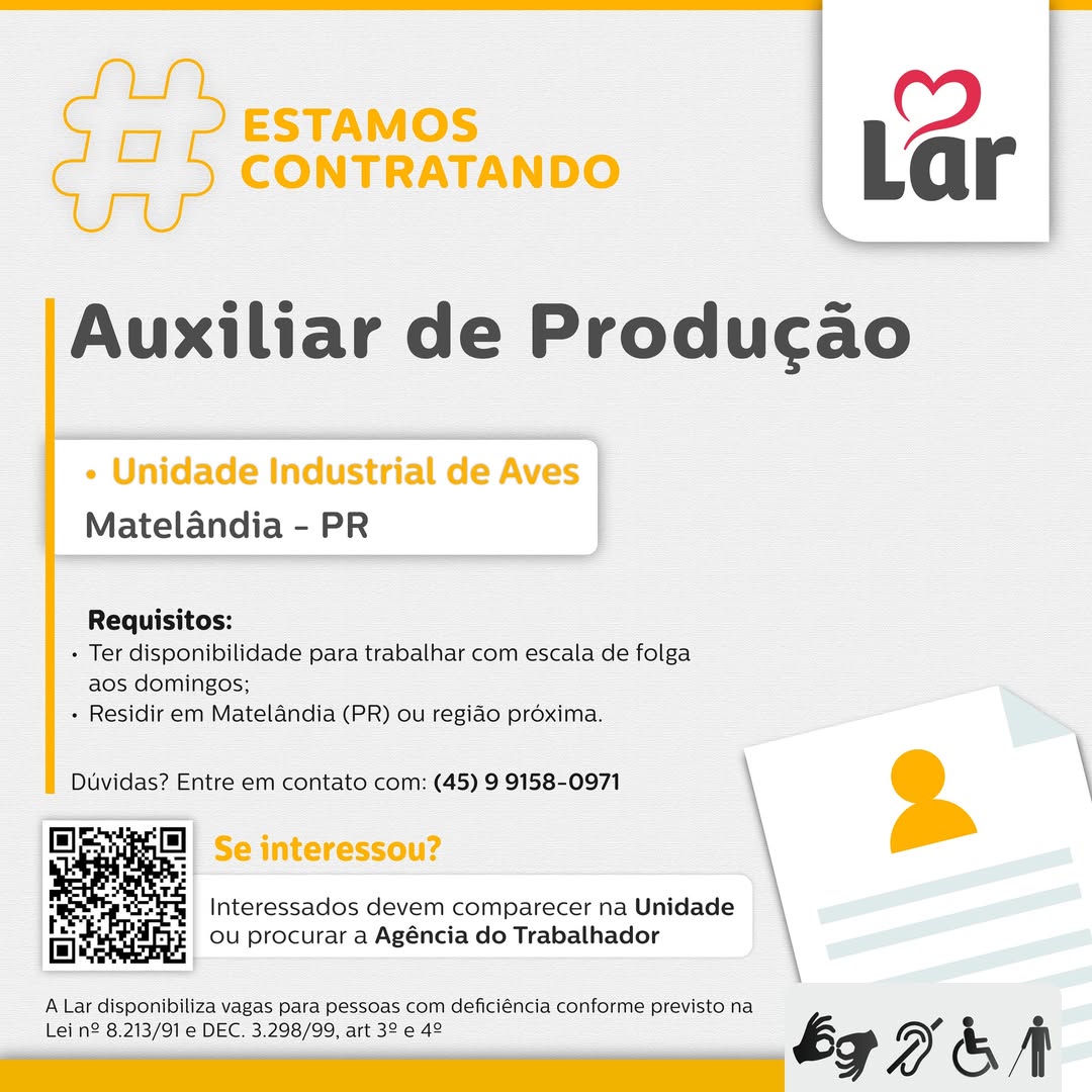 Vaga de Auxiliar de Produção em Matelândia na Lar Cooperativa