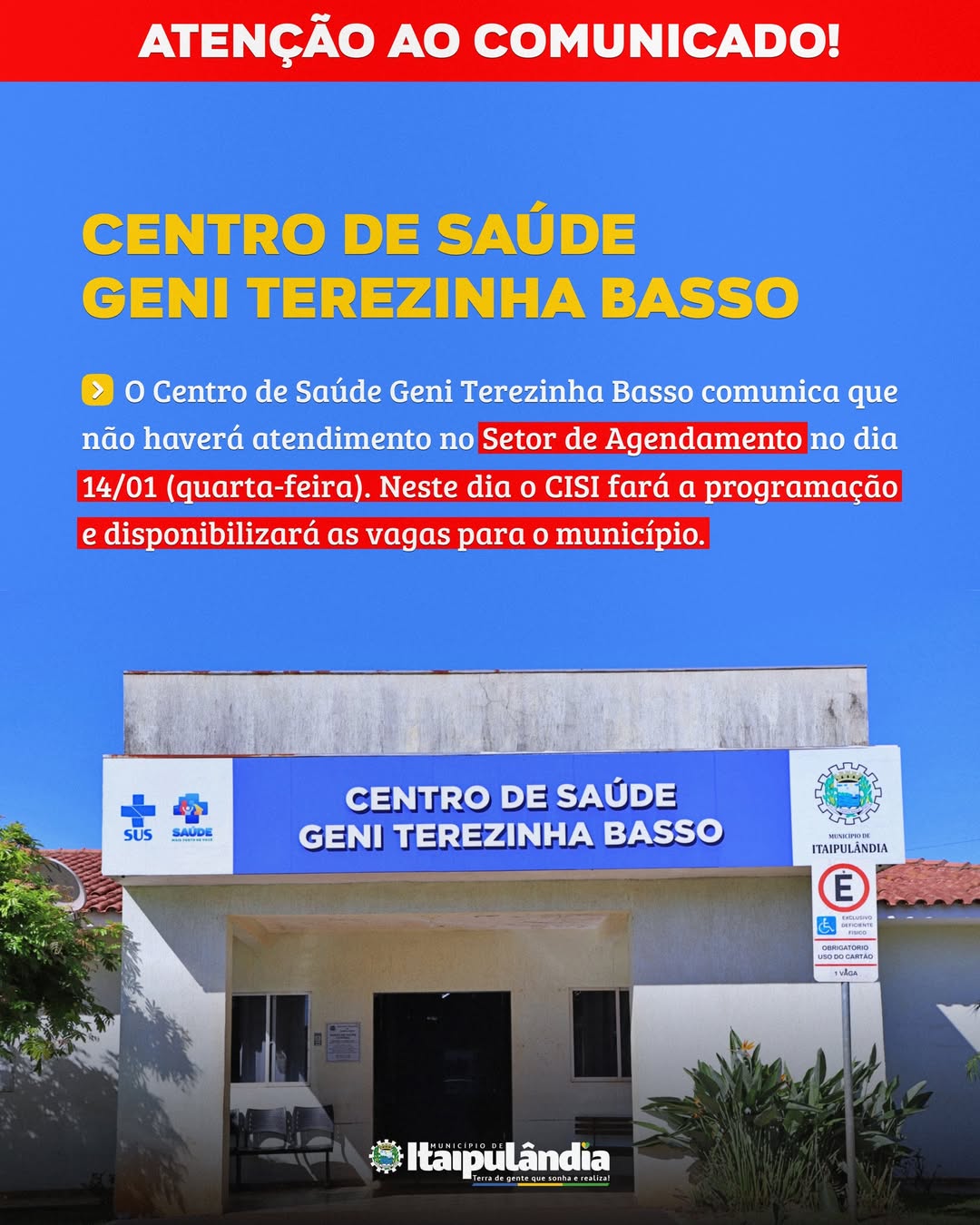 Agendamento no Centro de Saúde Geni Terezinha Basso nesta quarta