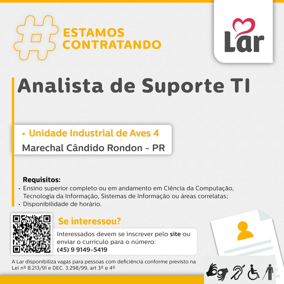 Vaga Lar Cooperativa: TI em Marechal Rondon. Inscreva-se até dia 30!