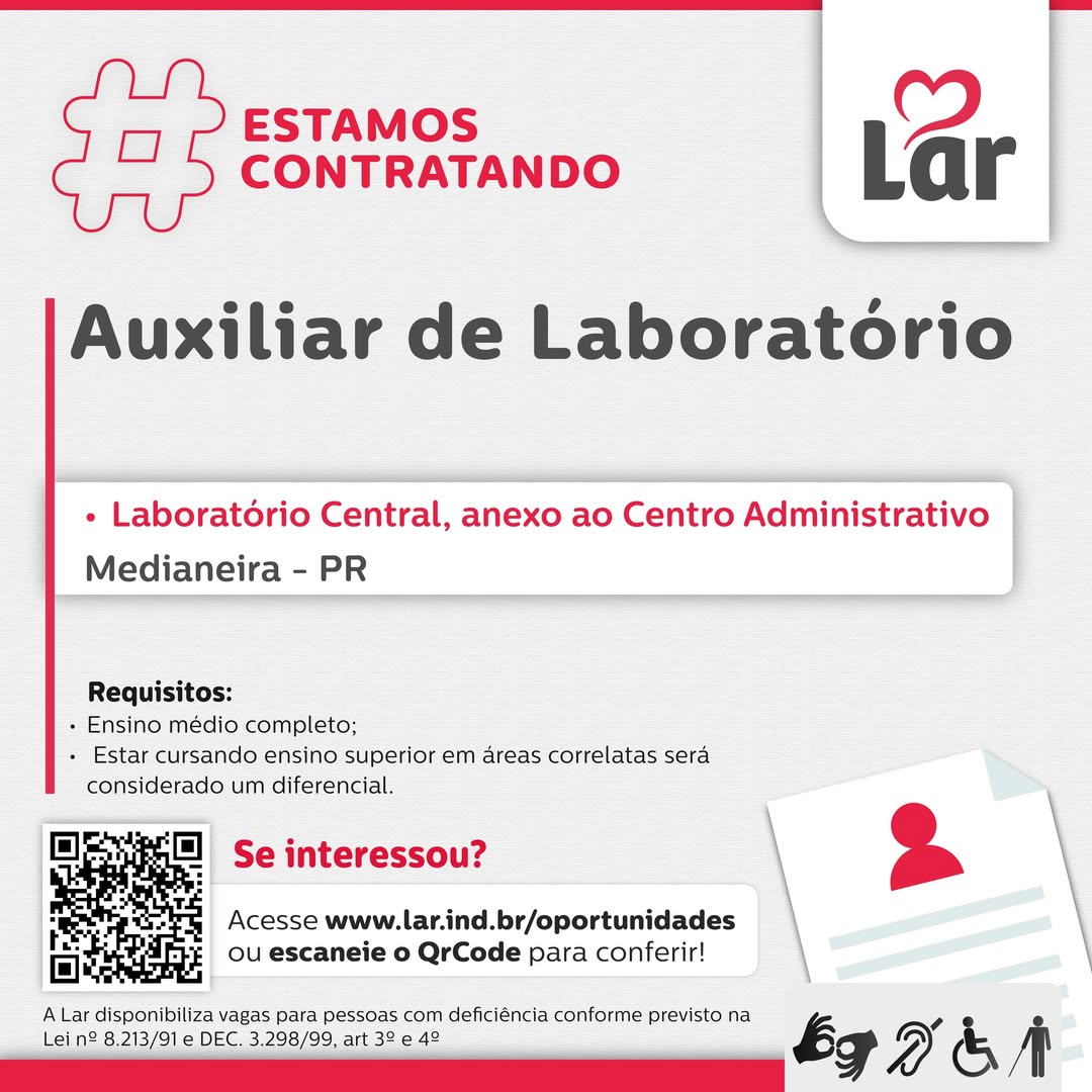 Vaga na Lar: Auxiliar de Laboratório em Medianeira [Inscreva-se]