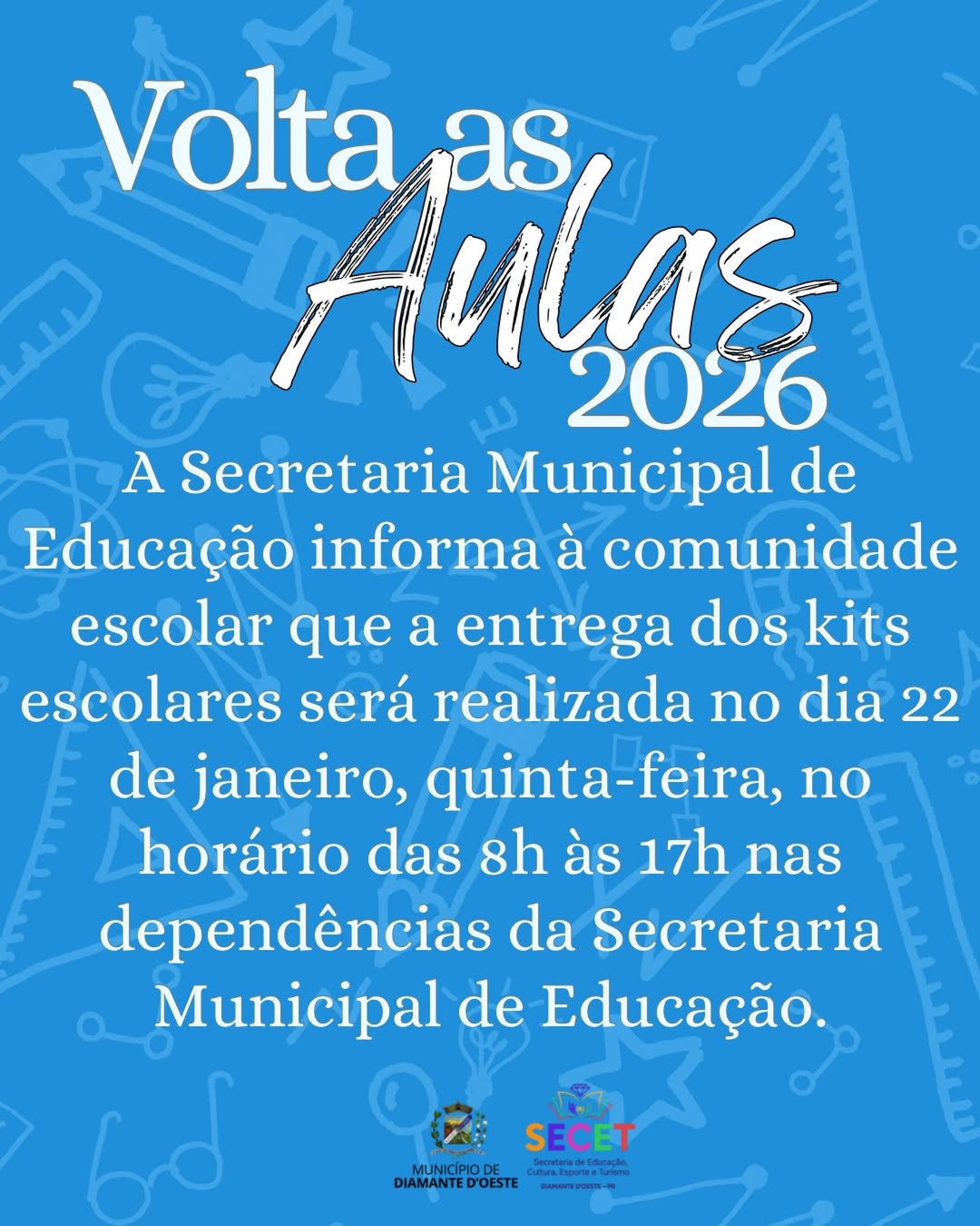 Kits Escolares Diamante D’Oeste: Entrega é Nesta Quinta (22). Confira!