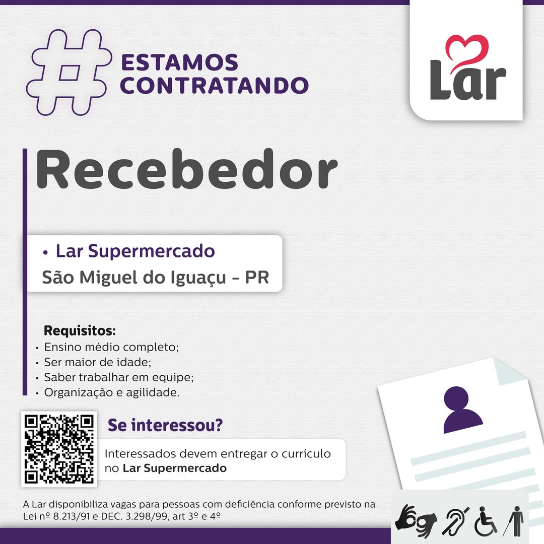 Vaga para Recebedor no Lar Supermercado em São Miguel do Iguaçu