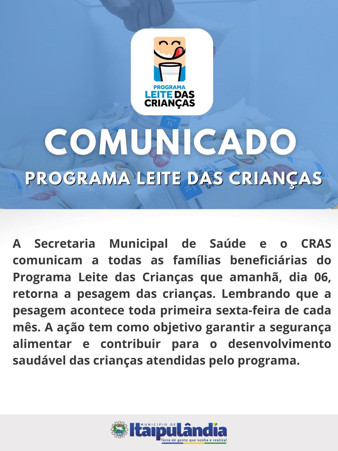 Programa Leite das Crianças em Itaipulândia: Pesagem Retoma Amanhã
