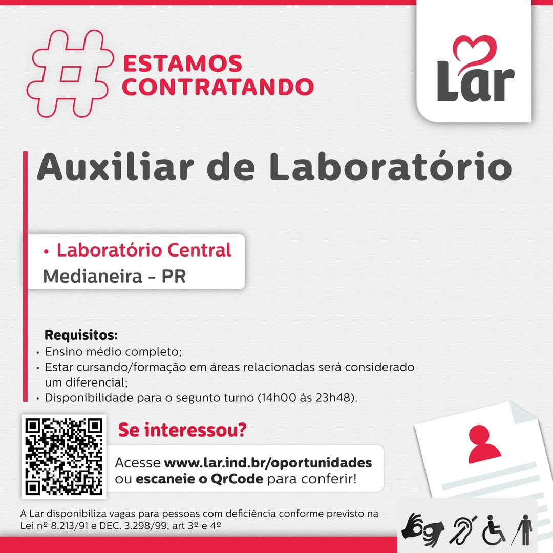 Vaga para Auxiliar de Laboratório em Medianeira: Lar Cooperativa