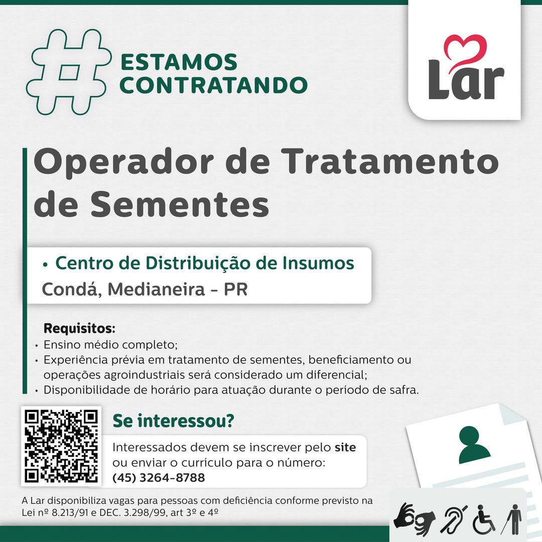 Vaga Lar Cooperativa: Operador de Sementes em Medianeira (PR)