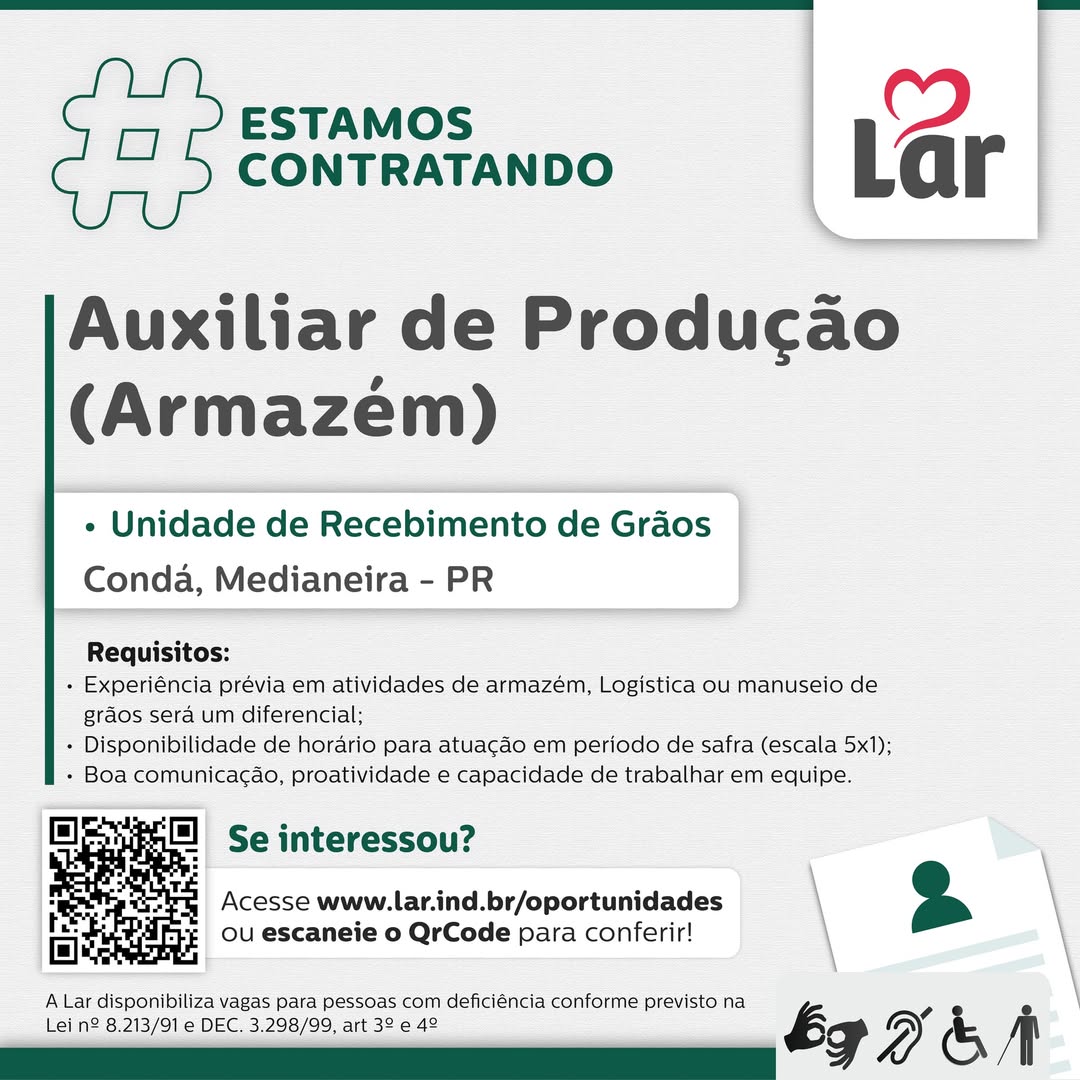 Vaga Auxiliar de Produção em Medianeira: Lar Cooperativa 2026