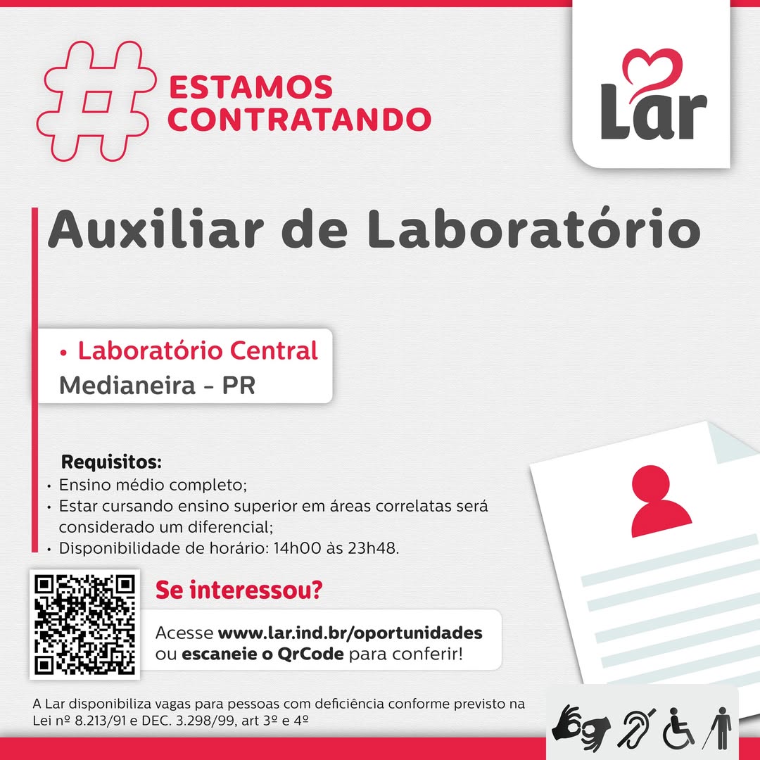 Vaga Medianeira: Auxiliar de Laboratório na Lar Cooperativa