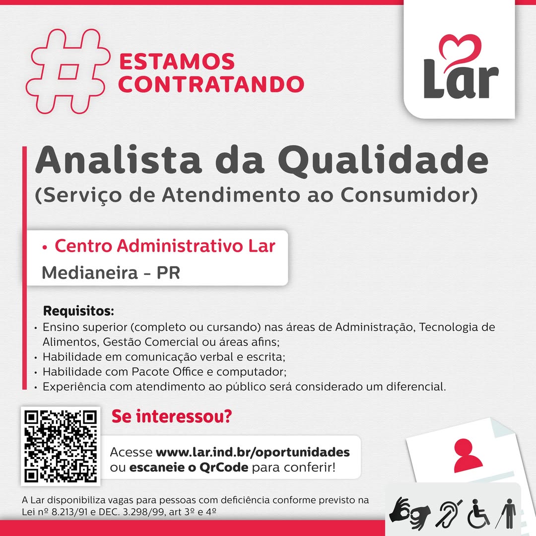 Vaga para Analista da Qualidade em Medianeira na Lar Cooperativa