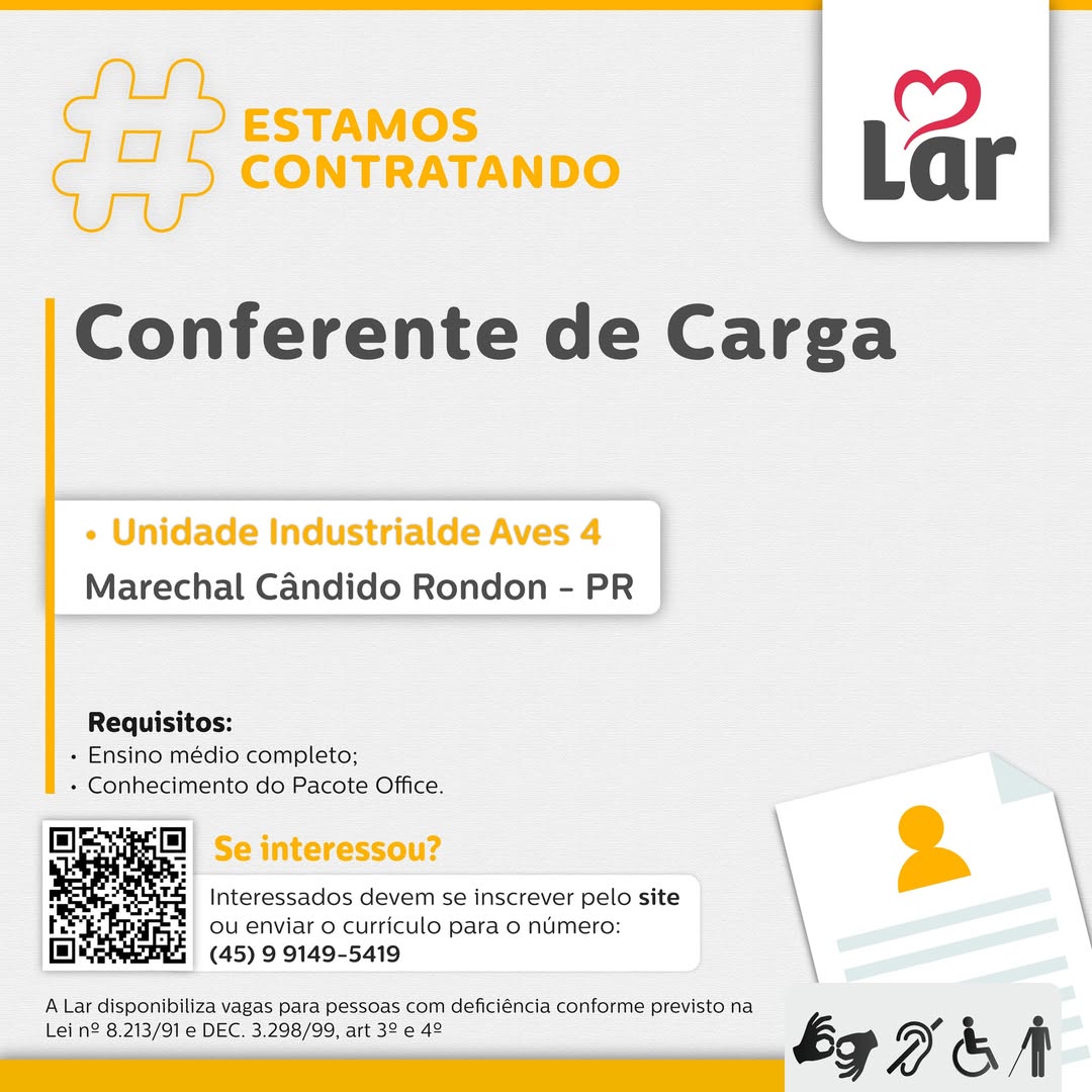 Vaga Conferente em Marechal Cândido Rondon PR: Envie Agora