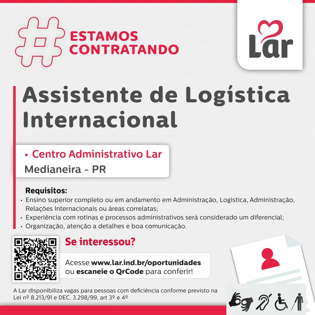 Vaga Medianeira: Assistente de Logística Lar Cooperativa
