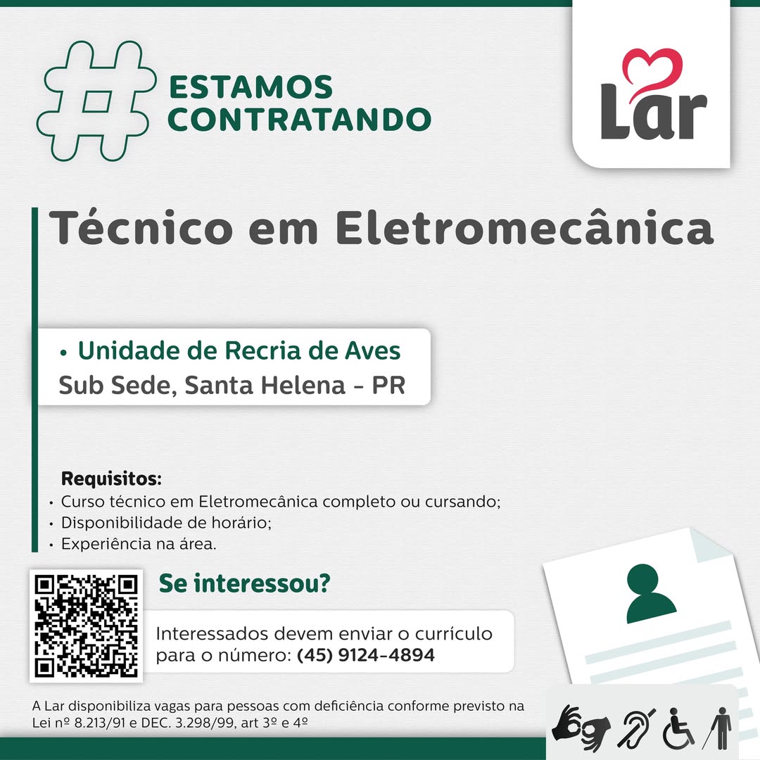 Vaga Santa Helena: Técnico em Eletromecânica na Lar!