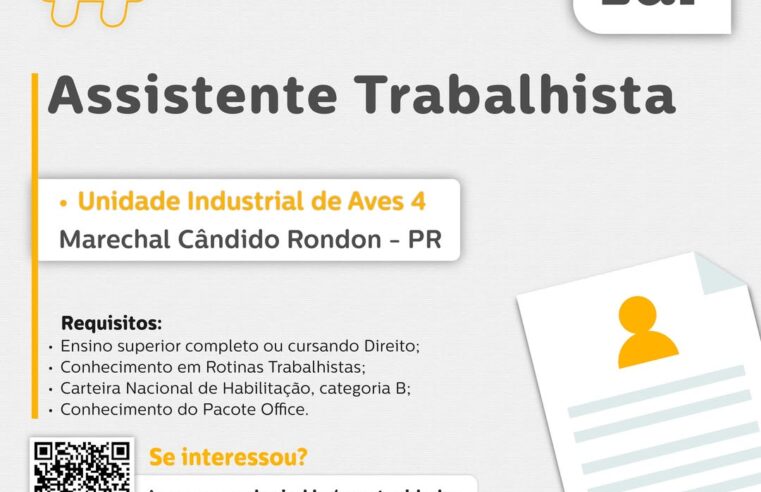 Vaga Assistente Trabalhista Marechal Cândido Rondon PR