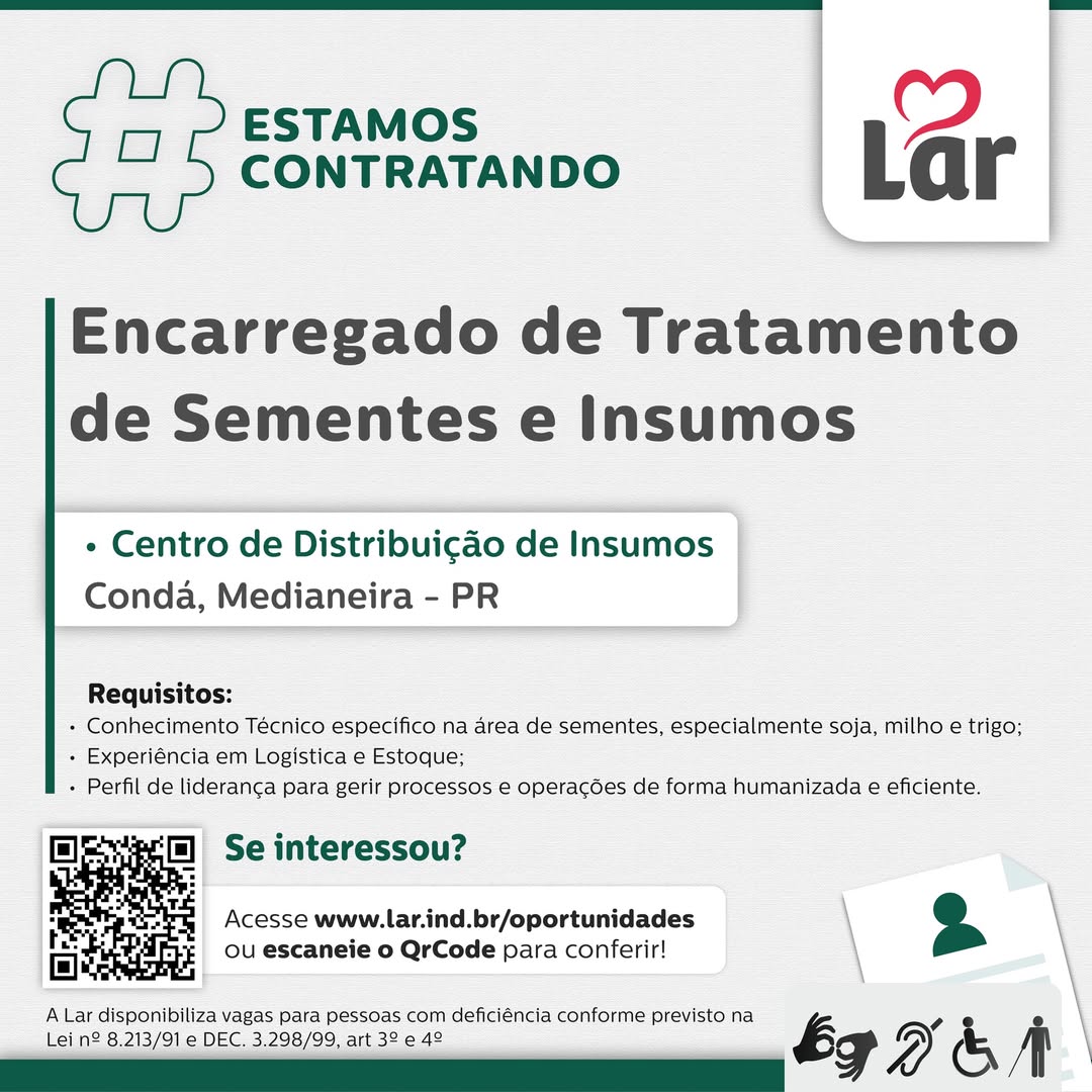 Vaga Medianeira: Encarregado de Insumos na Lar. Corre!