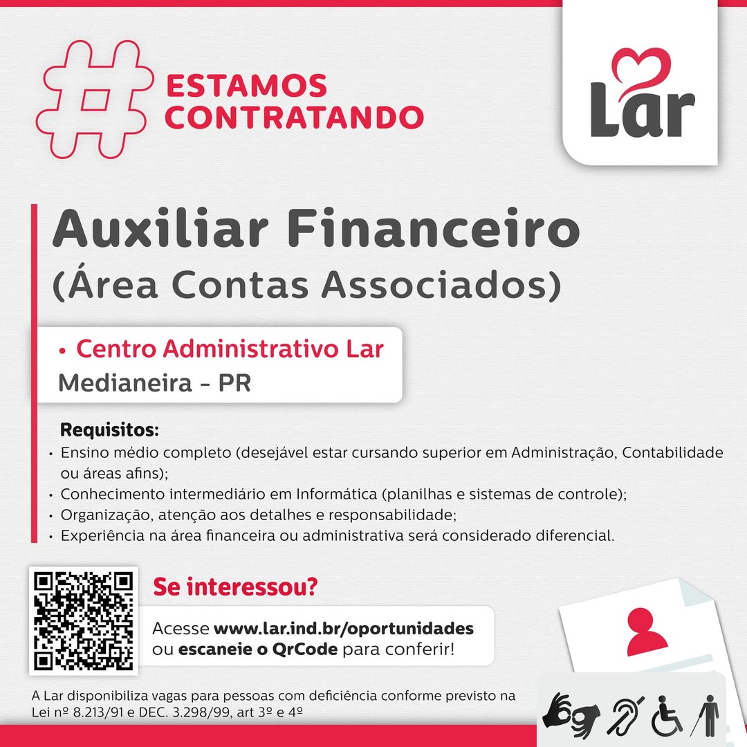 Vaga em Medianeira: Auxiliar Financeiro na Lar. Corra!