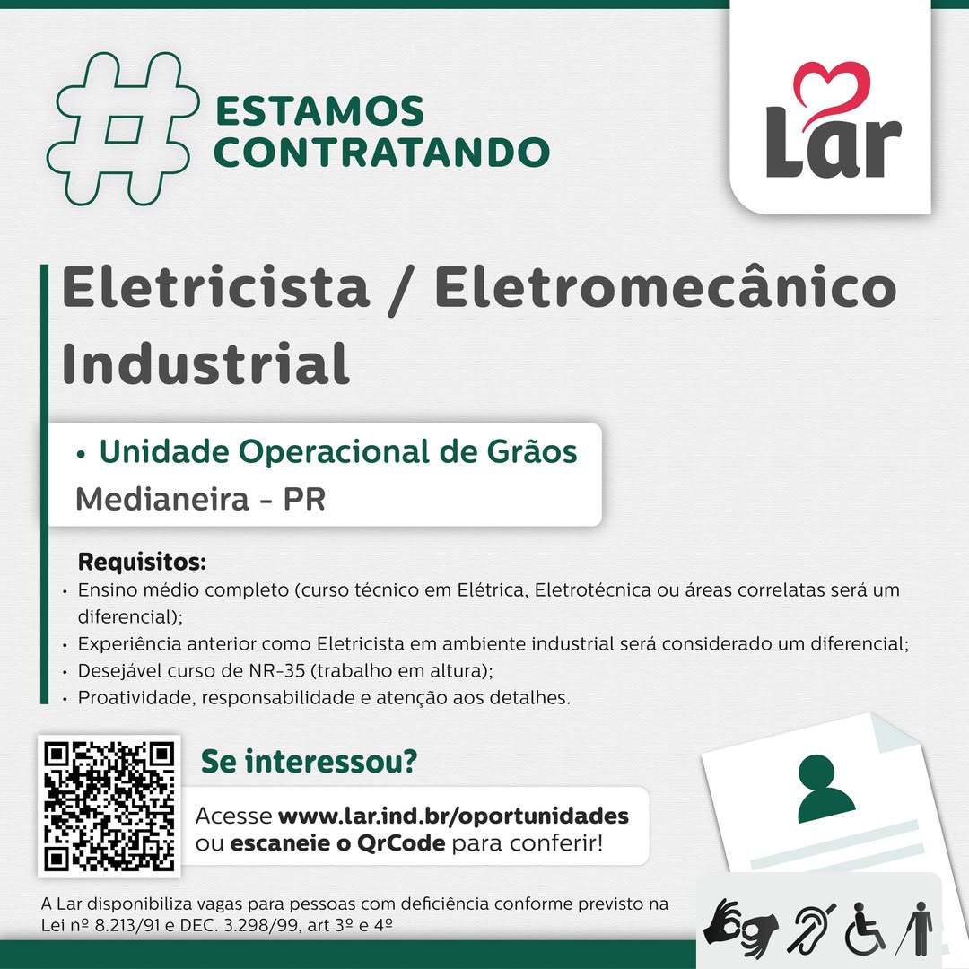 Vaga Eletricista em Medianeira: Lar Cooperativa Contrata