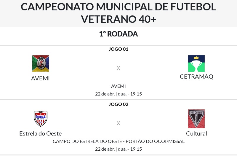 Futebol Veterano 40+ em Missal: Confira os Jogos da 1ª Rodada