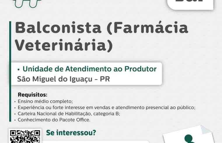 Vaga Balconista São Miguel do Iguaçu Lar Cooperativa