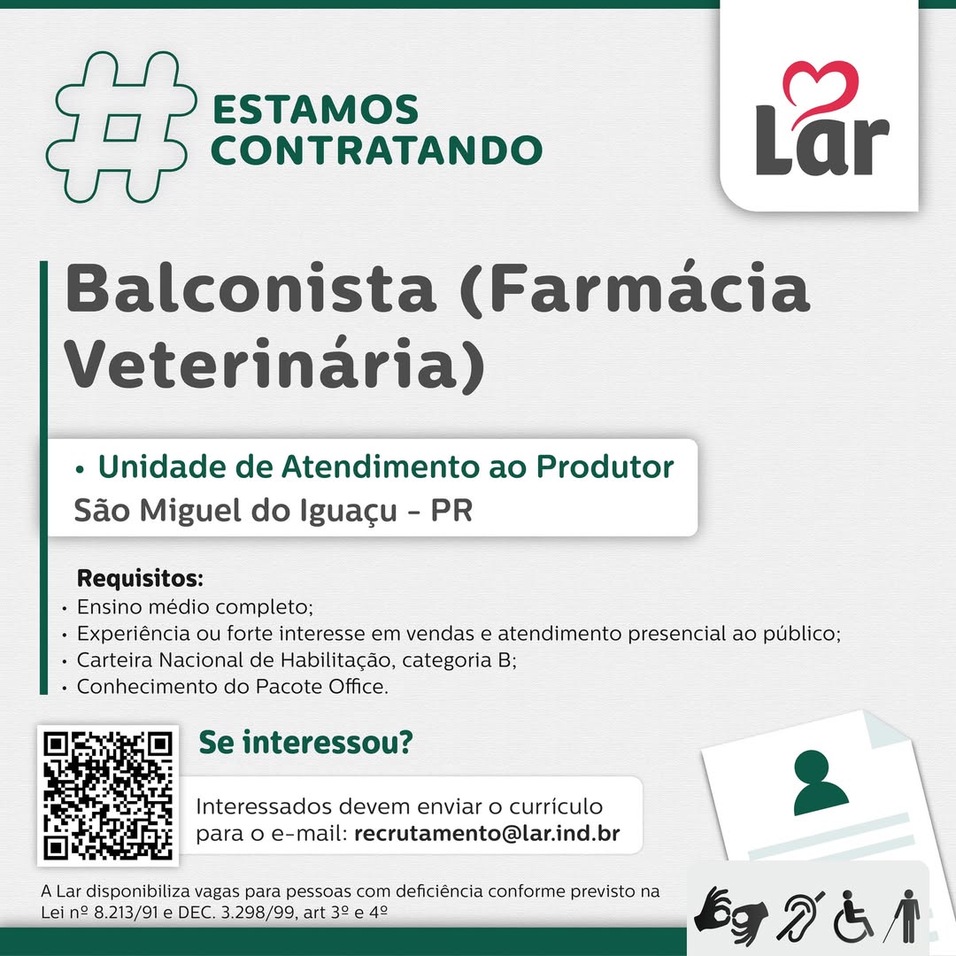 Vaga Balconista São Miguel do Iguaçu Lar Cooperativa