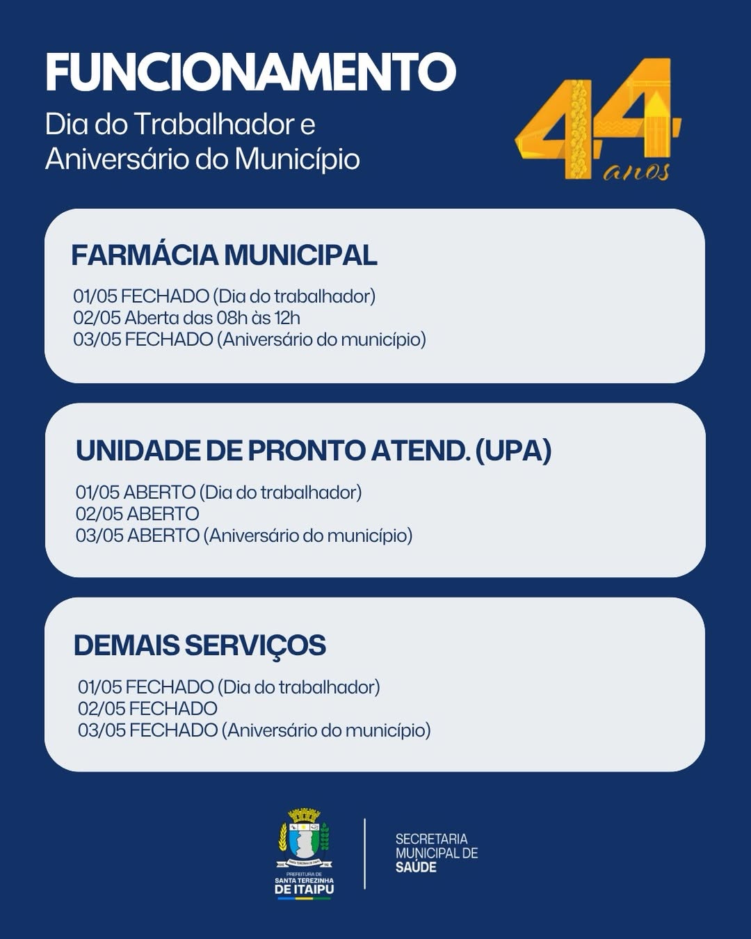 Saude Santa Terezinha de Itaipu: Horarios no Feriado