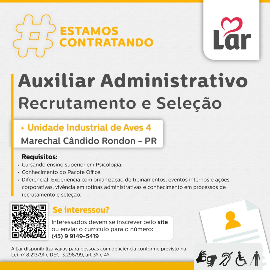Vaga de Auxiliar Administrativo em Marechal Cândido Rondon PR