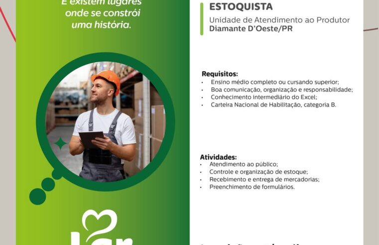 Vaga Estoquista Diamante D Oeste Envie o Curriculo