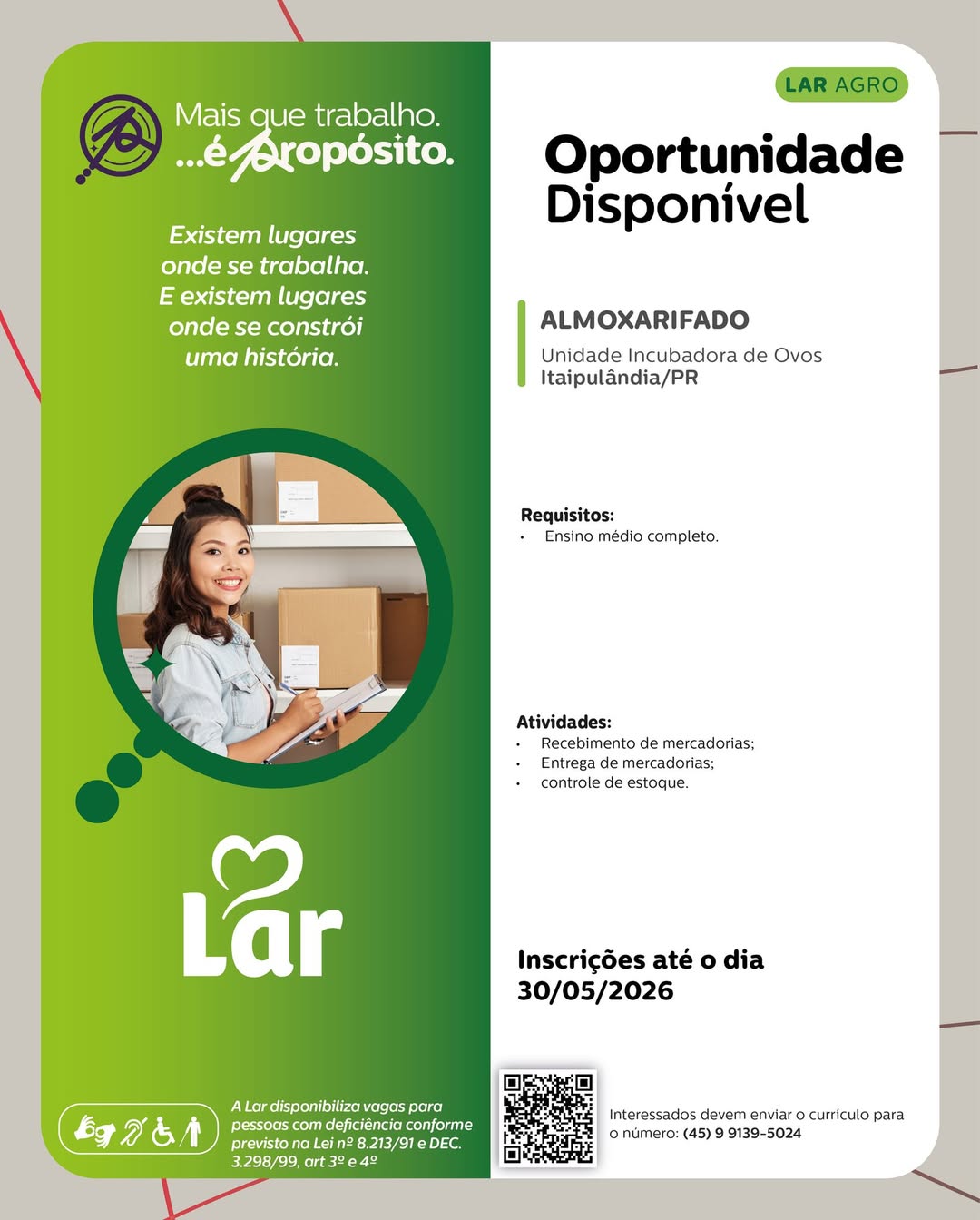 Vaga Almoxarifado Itaipulandia: Lar Cooperativa contrata ja