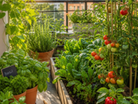 Horta doméstica vibrante com legumes e ervas frescas em vasos e canteiros.