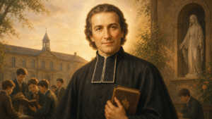 Ilustração reverente de São Marcellin Champagnat, presbítero, em atmosfera espiritual serena.