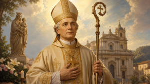 Ilustração do Santo Antonio Maria Gianelli, bispo, em arte devocional com luz dourada suave e cenário de catedral